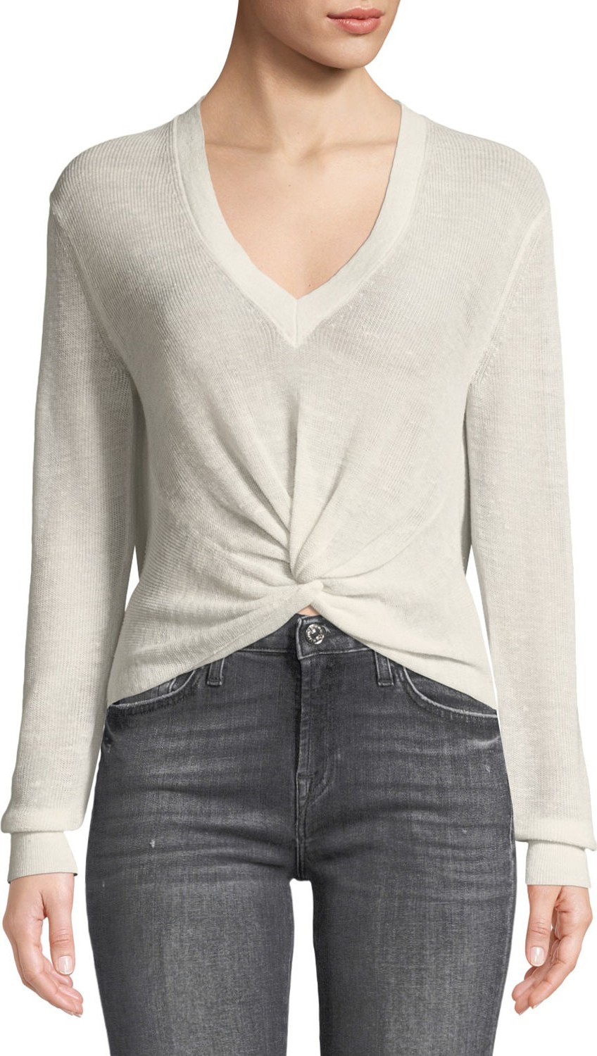 Veronica Beard Soren Twist-Front V-Neck Long-Sleeve Rib Sweater