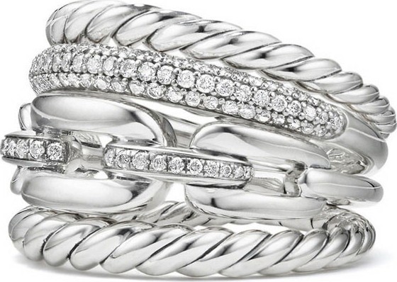 David Yurman Wellesley Sterling Silver Four-Row Ring with Diamonds