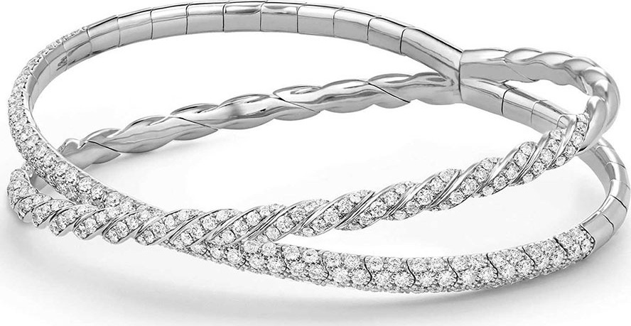 David Yurman 18k White Gold Pave Flex Two-Row Diamond Bracelet, Size M