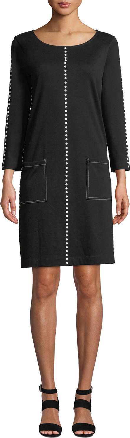 Joan Vass Scoop-Neck 3/4-Sleeve Cotton Interlock Dress w/ Patch Pockets & Studded Trim