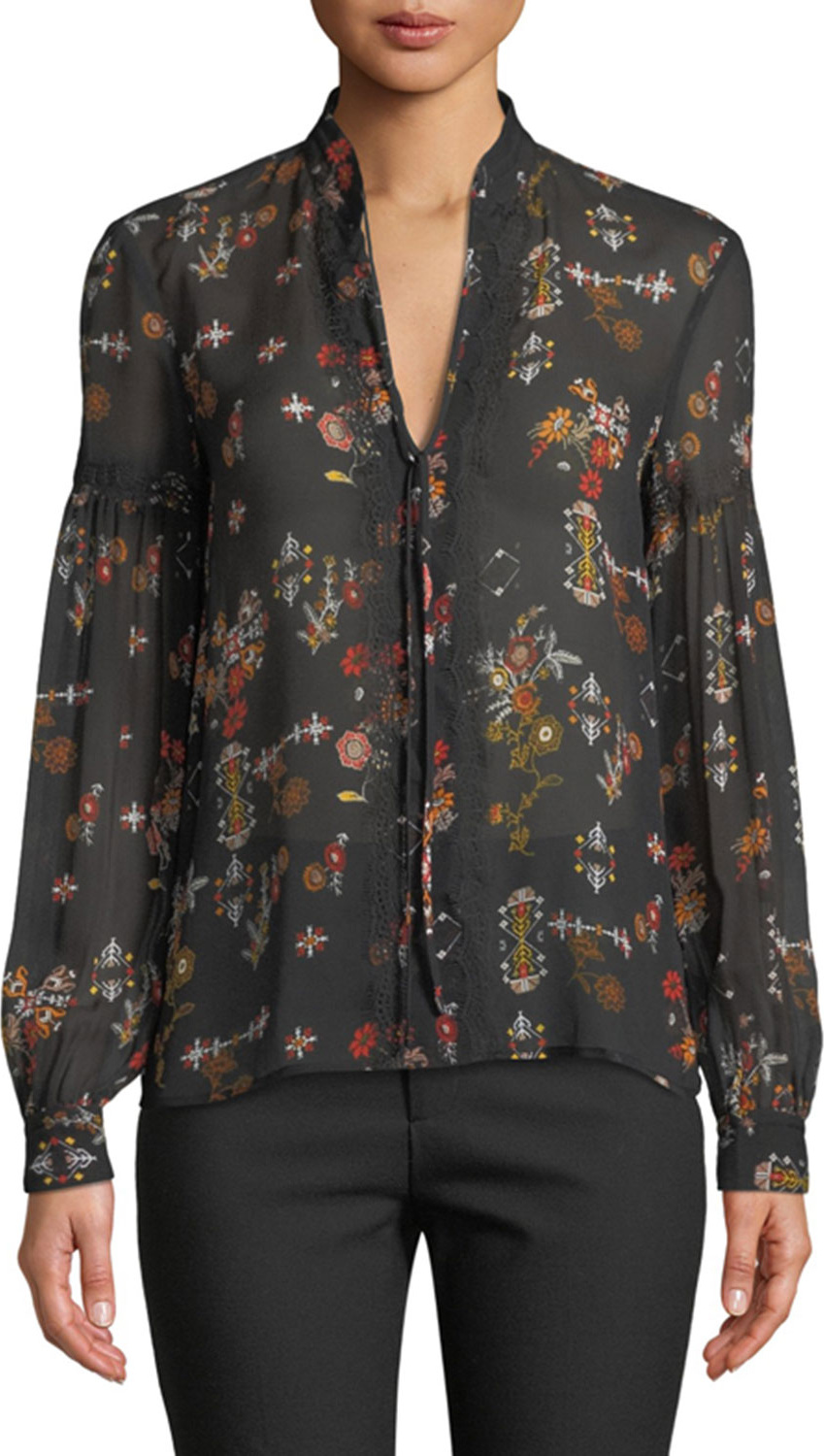 Derek Lam 10 Crosby Floral Silk Tie-Neck Long-Sleeve Blouse