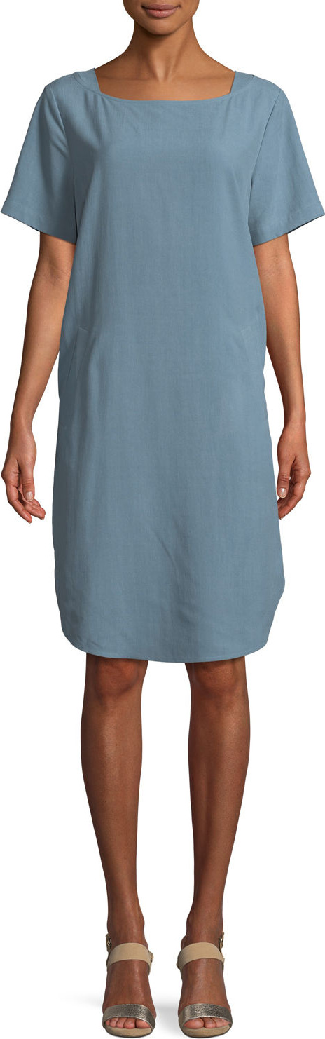 Eileen Fisher Fuji Silk Short-Sleeve Dress with Pockets