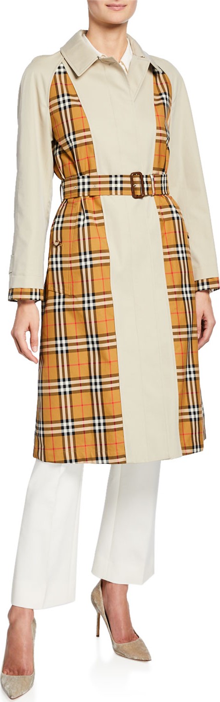 Burberry London England Guiseley Check Gabardine Trench Coat w/ Belt