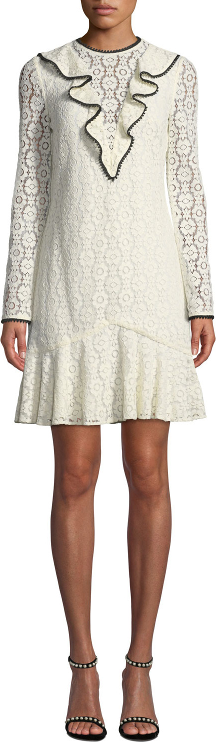 ML Monique Lhuillier Long-Sleeve Lace Dress w/ Ruffle Front