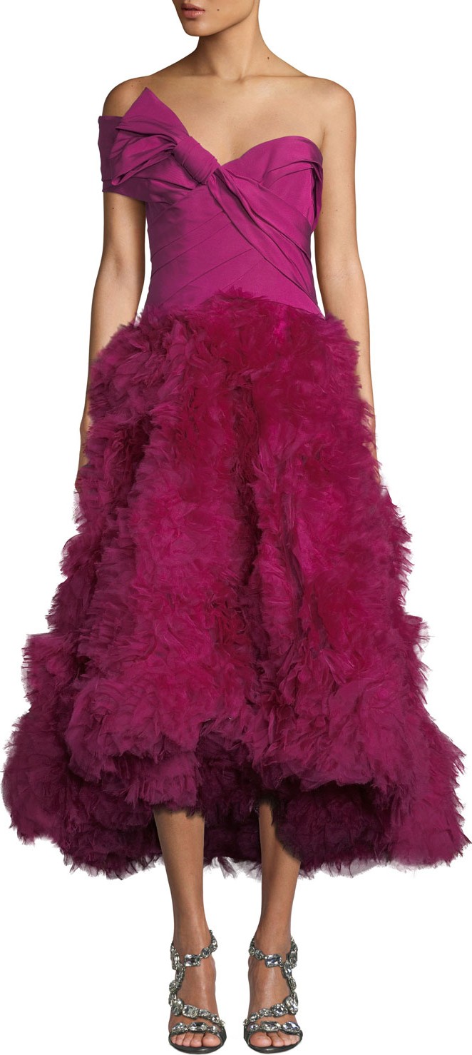 Marchesa Strapless Bowed-Bodice Tufted-Organza Skirt Midi Gown