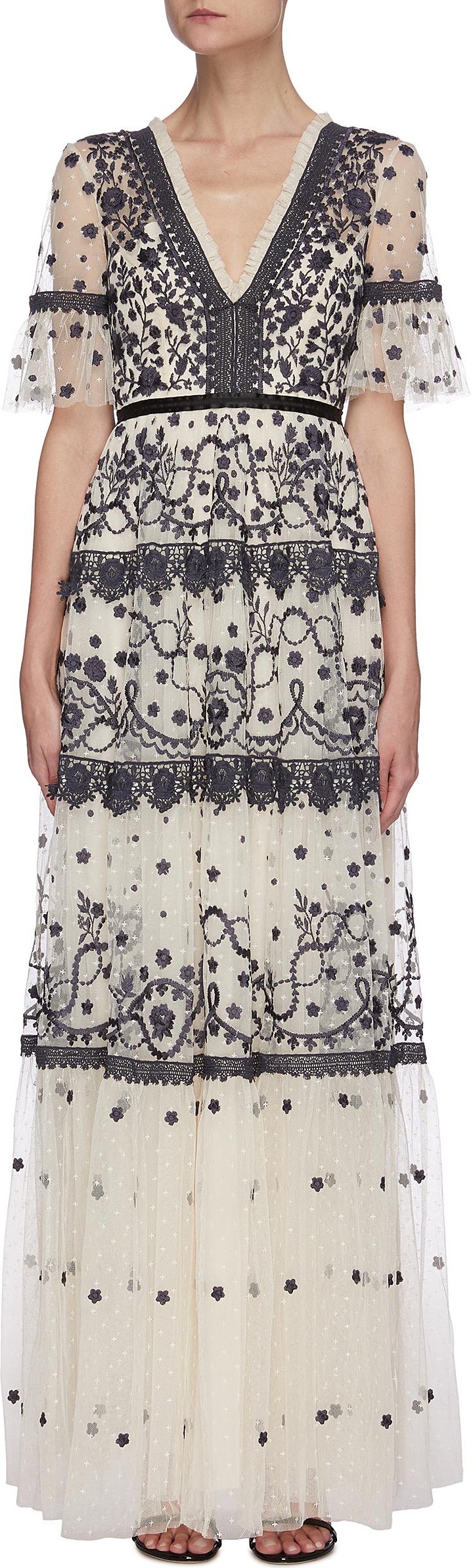 Needle & Thread 'Midsummer' lace trim floral embroidered short sleeve gown