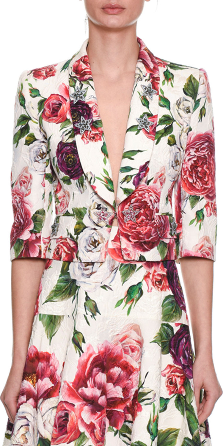 Dolce & Gabbana 3/4-Sleeve Rose-Brocade Short Cocktail Jacket w/ Star-Embellishments
