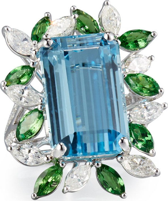 Alexander Laut Emerald-Cut Aquamarine Ring with Tsavorites & Diamonds, Size 7.25