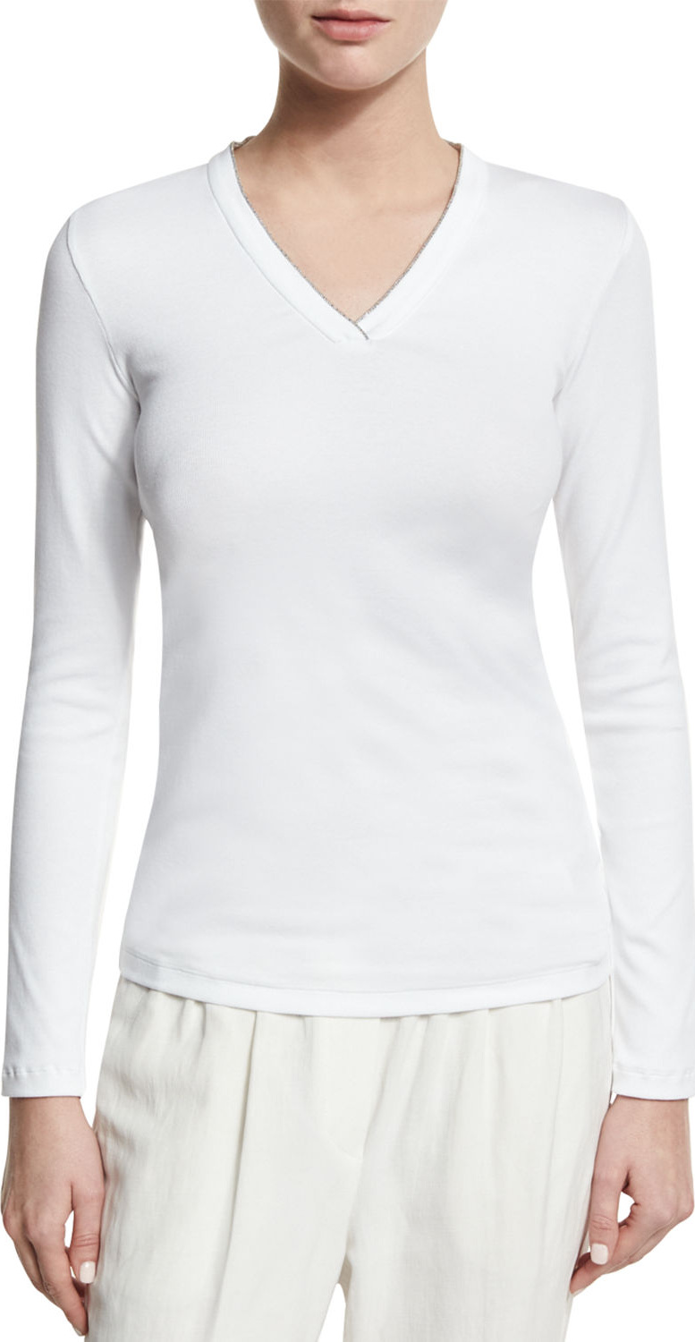 Brunello Cucinelli Monili-Trim V-Neck Top