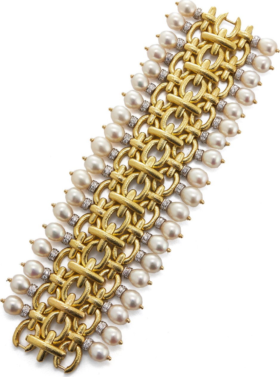 David Webb 18k Diamond & Pearl Chain Bracelet