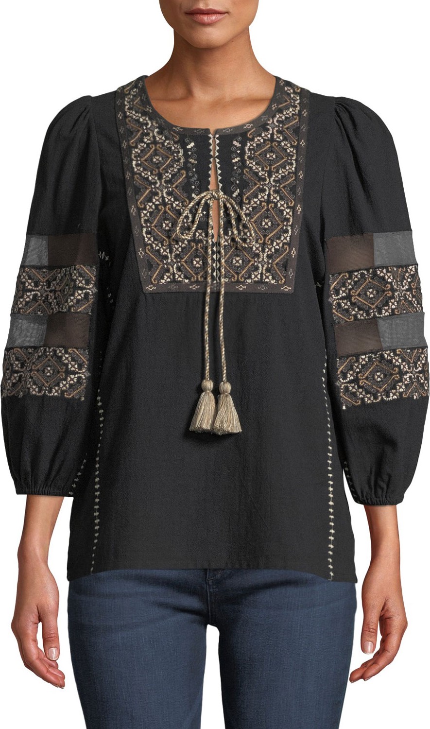 FIGUE Joni 3/4-Sleeve Embroidered Peasant Blouse