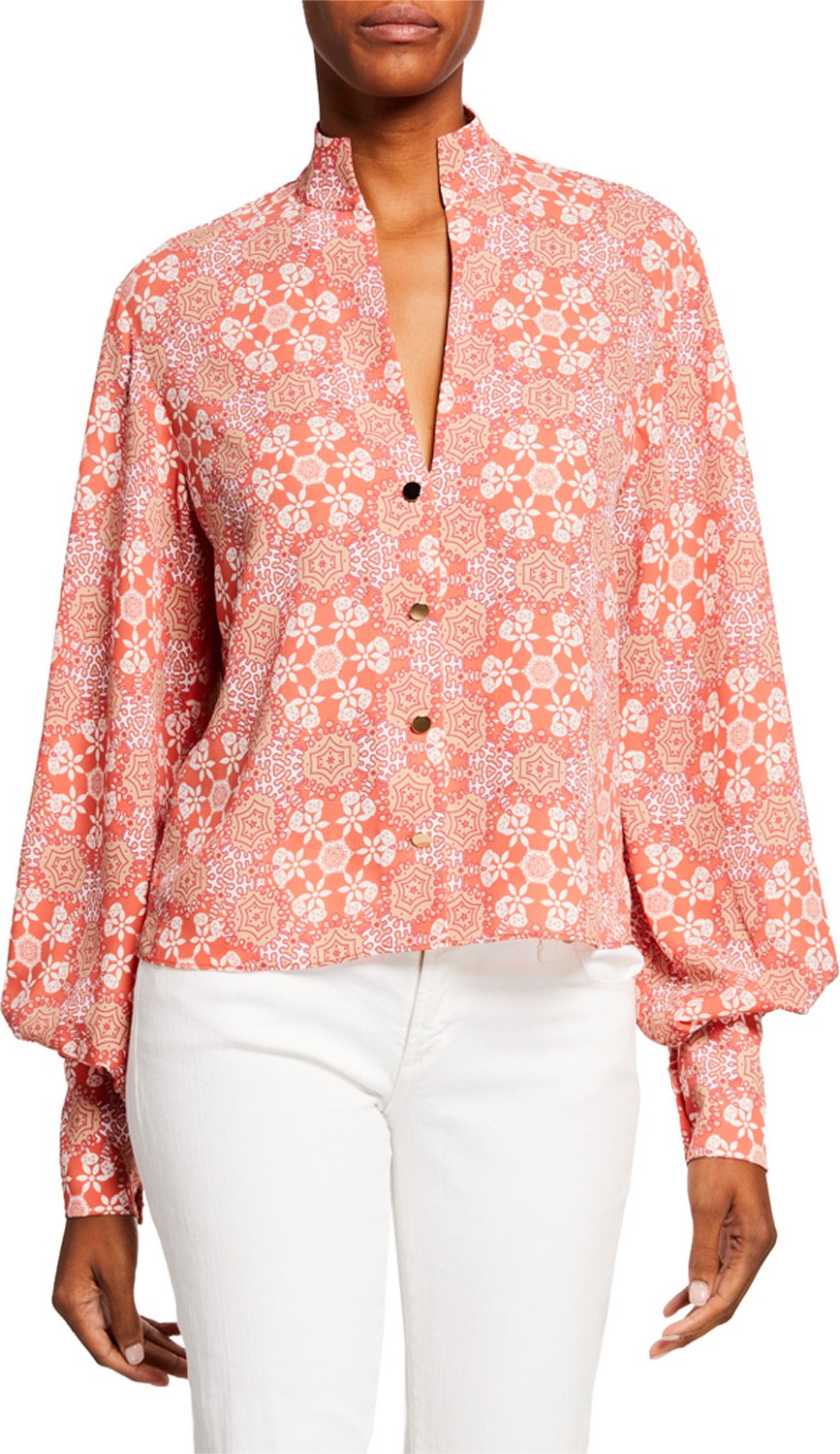 Alexis Bertha Printed Button-Front Bishop-Sleeve Blouse