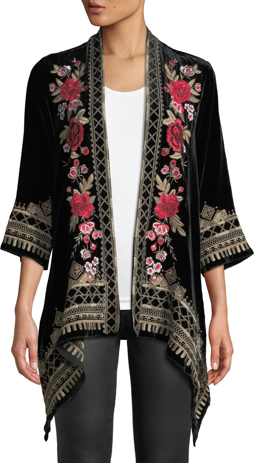 Johnny Was Meri Floral-Embroidered Velvet Cardigan
