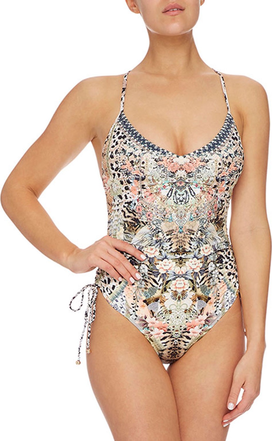 Camilla Ruched-Side Printed V-Neck One-Piece Swimsuit