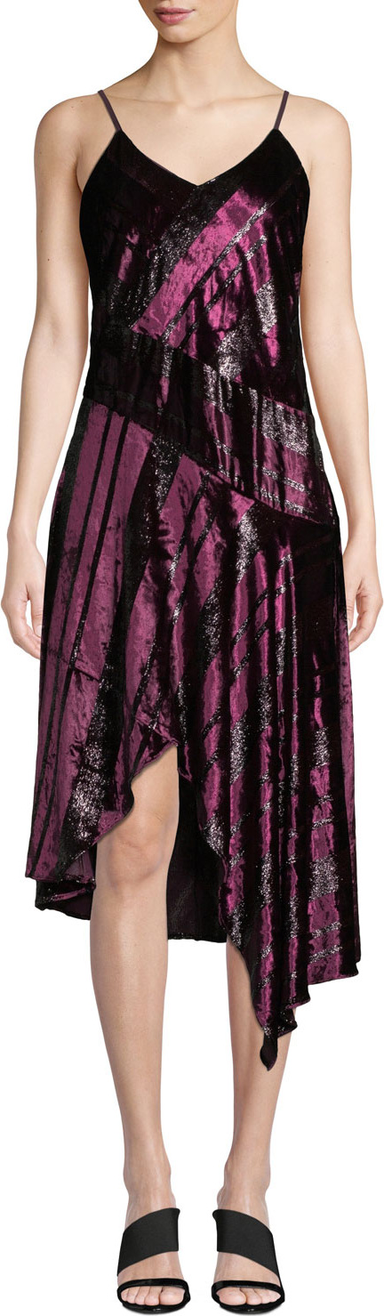 Parker Selma Velvet Metallic-Stripe Asymmetric Dress