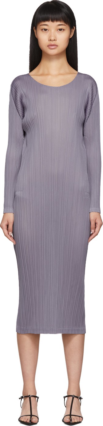 Pleats Please By Issey Miyake Grey Pleated Long Sleeve Dress