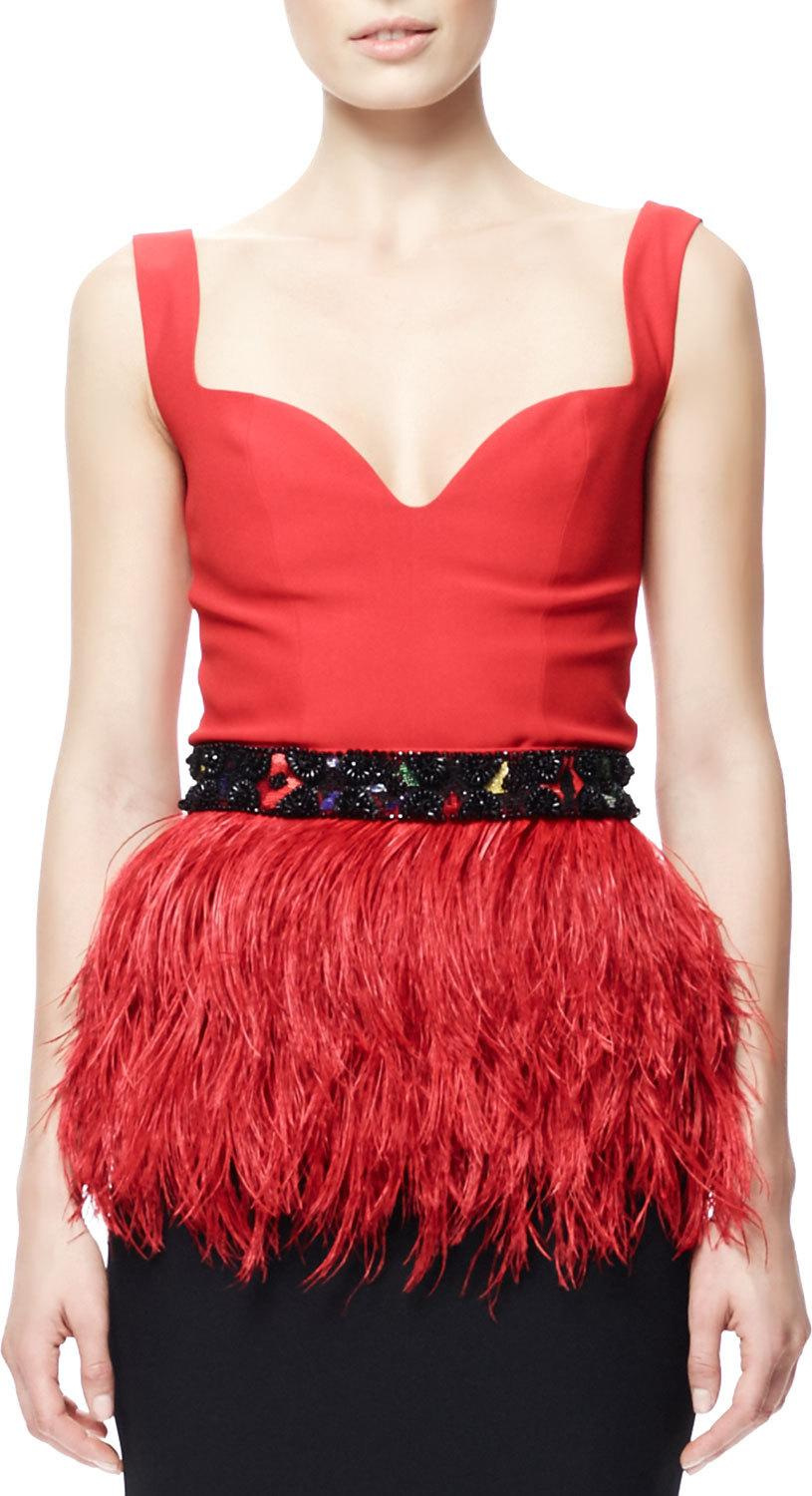 Alexander McQueen Ostritch Feather Peplum Top with Beaded Belt