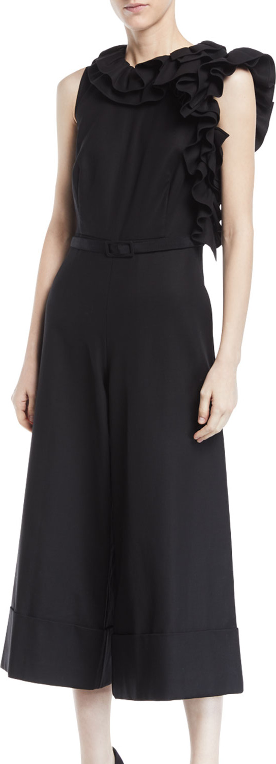 Co Sleeveless Asymmetric Ruffle-Neck Wide-Leg Crop Jumpsuit