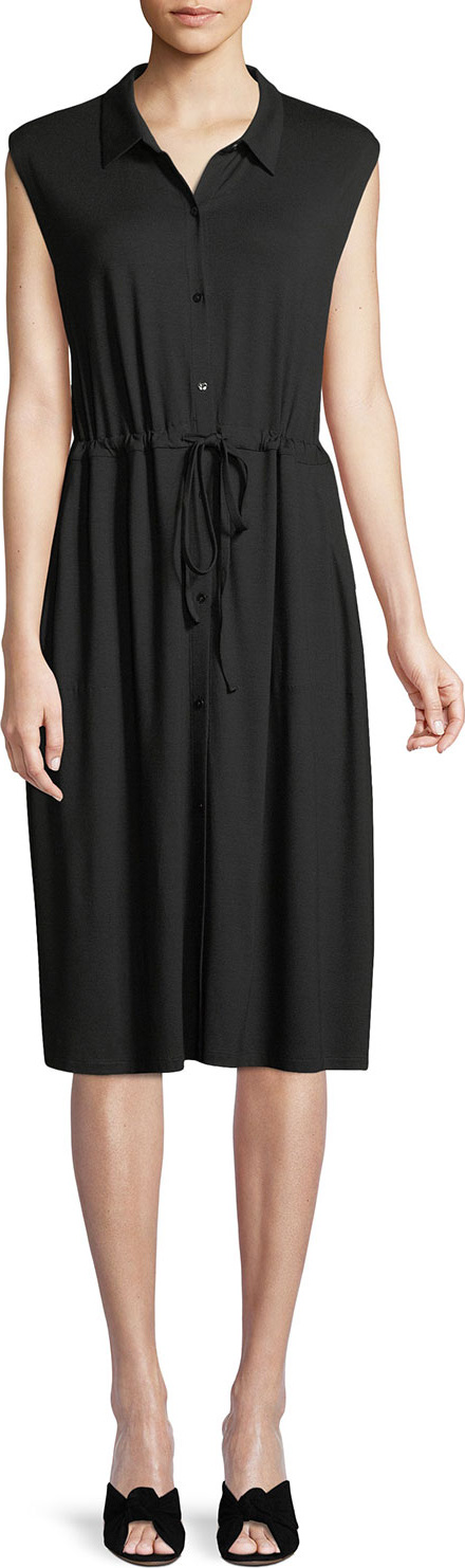Eileen Fisher Sleeveless Lightweight Viscose Jersey Drawstring-Waist Shirtdress