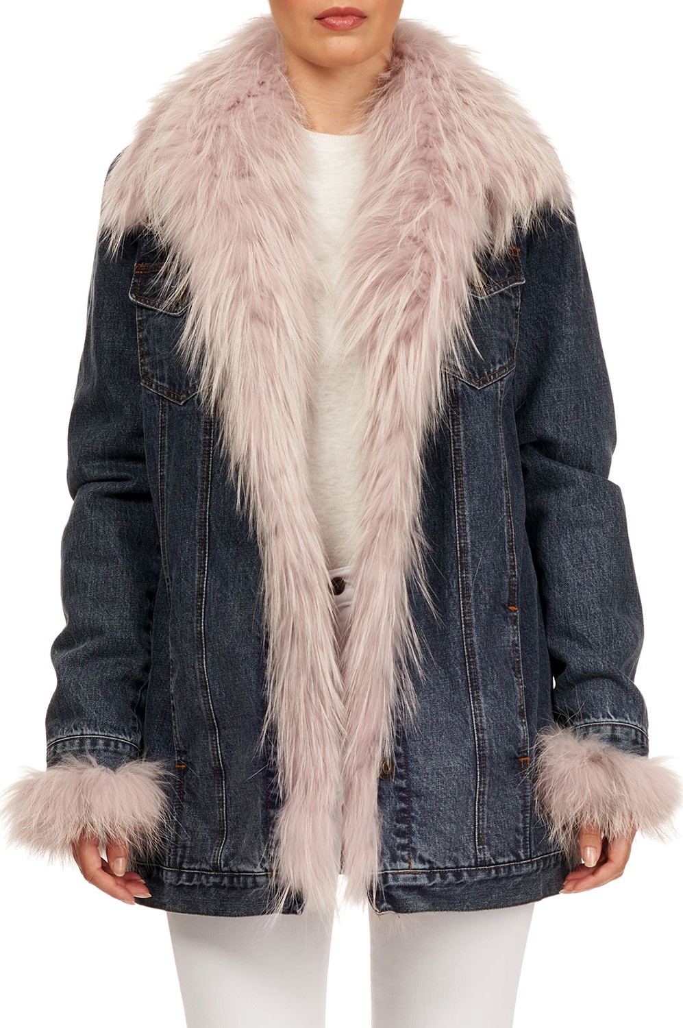 Pajaro Long Denim Jacket with Fox-Fur Combo