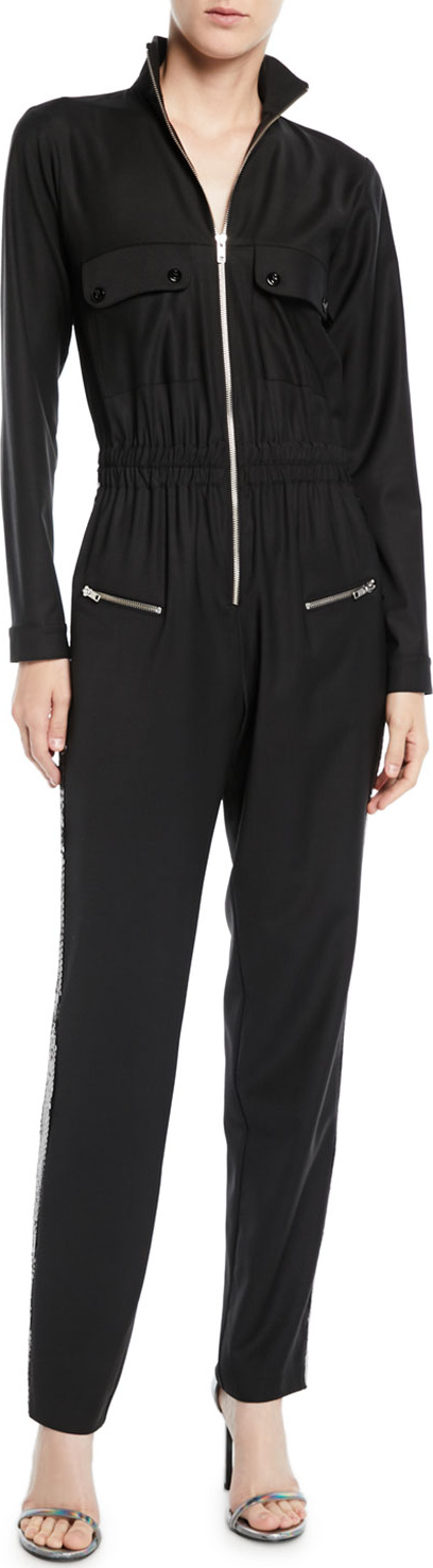 Carolina Ritzler Zip-Front Long-Sleeve Straight-Leg Jumpsuit w/ Sequin Tux Sides