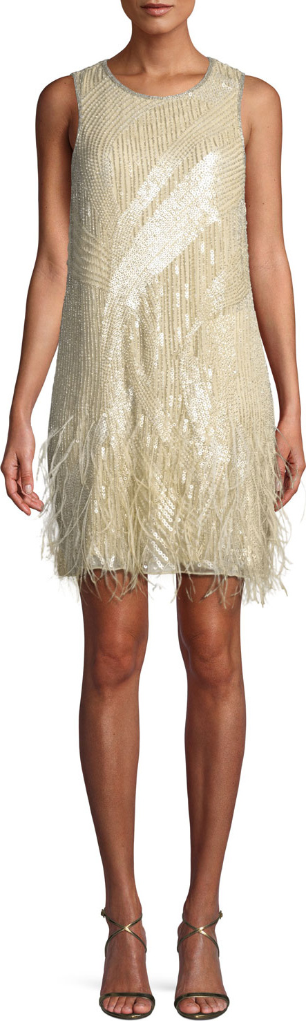 Parker Allegra Sequin Mini Cocktail Dress w/ Feathers