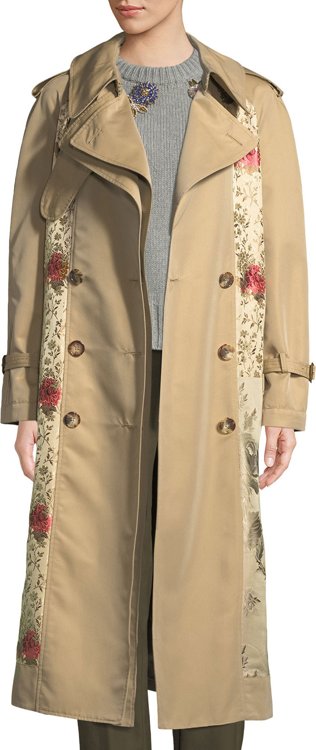 Alexander McQueen Double-Breasted Brocade Patched Long Trench Coat Alexander McQueen Double-Breasted Brocade Patched Long Trench Coat