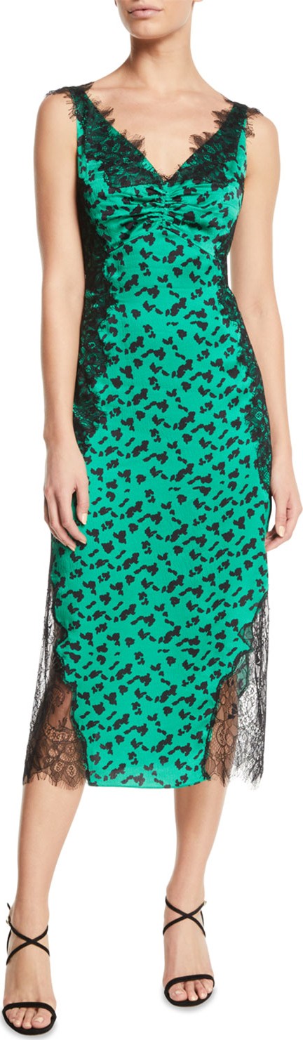 Tanya Taylor Irina Printed Silk Midi Dress with Lace Trim