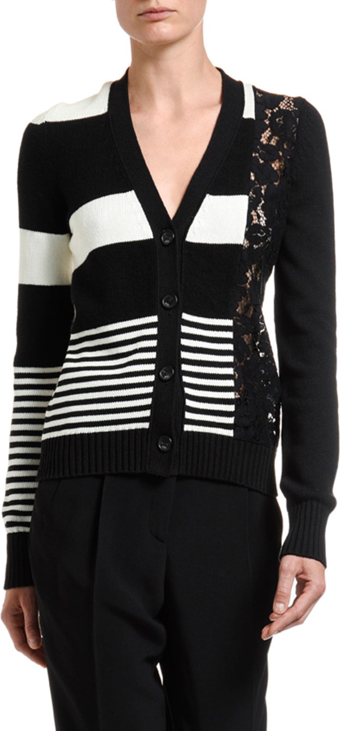 Nº21 Striped Button-Front Cardigan w/ Lace Inset