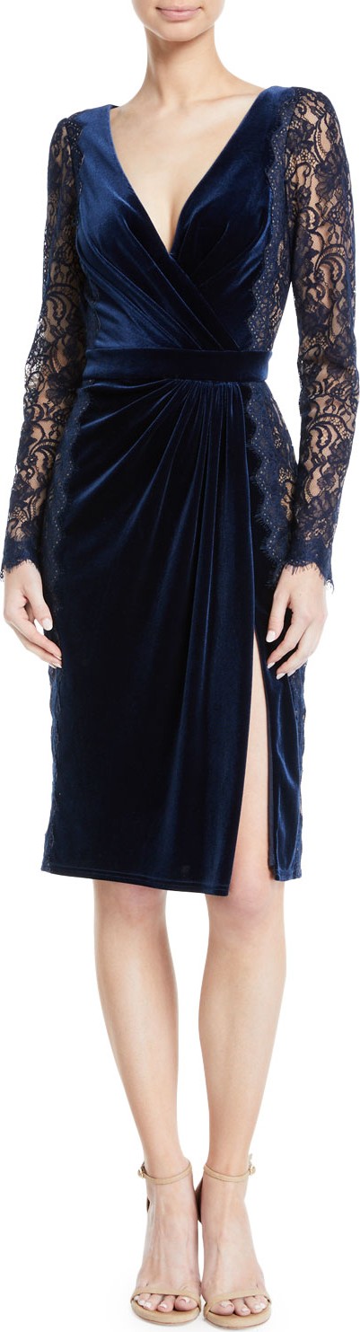 Tadashi Shoji Lace Long-Sleeve & Velvet V-Neck Dress