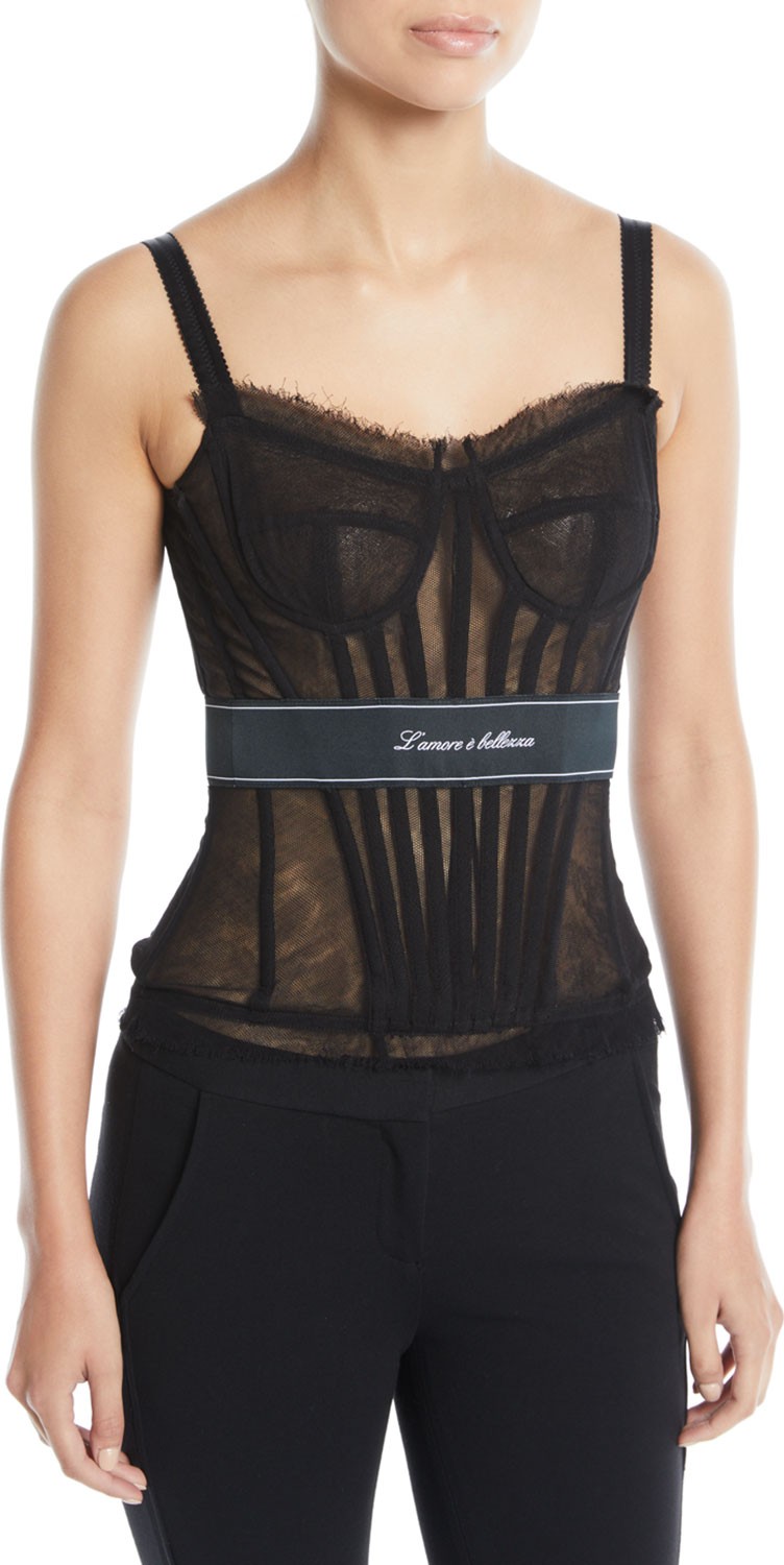 Dolce & Gabbana Thin-Strap Tulle Bustier w/ L'Amore E' Bellisima Waistband