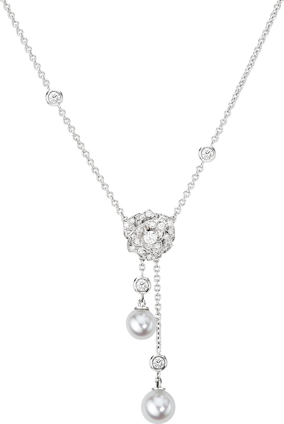 Piaget 18K White Gold Rose Necklace with Diamonds & Pearls