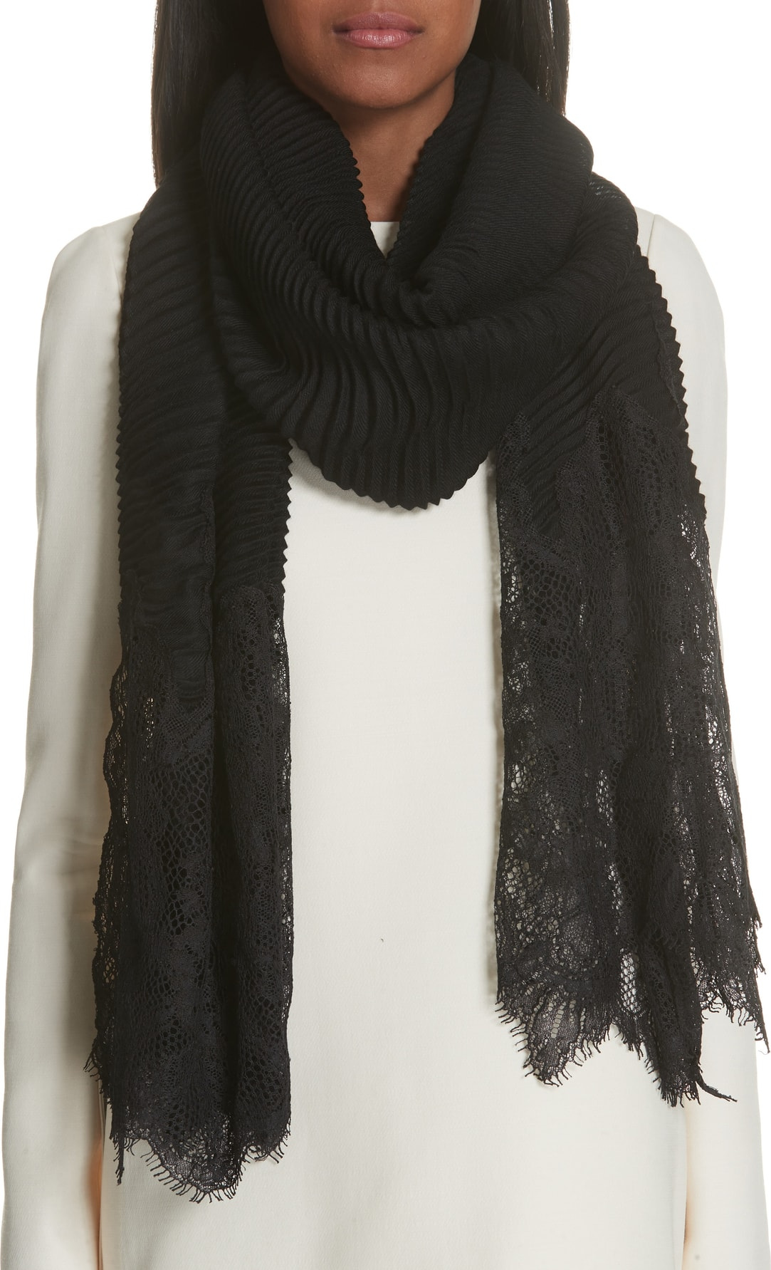 Valentino Plissé Lace Trim Scarf