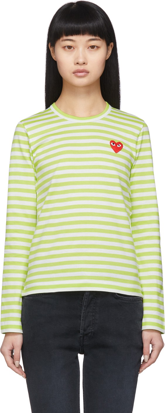 Comme Des Garcons PLAY Green & White Striped Heart Patch Long Sleeve T-Shirt