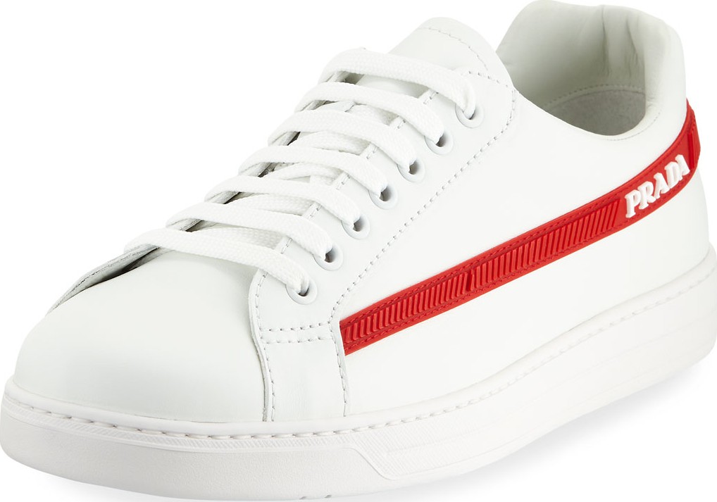 Prada Men's Avenue Vitello Plume Side-Stripe Leather Low-Top Sneakers