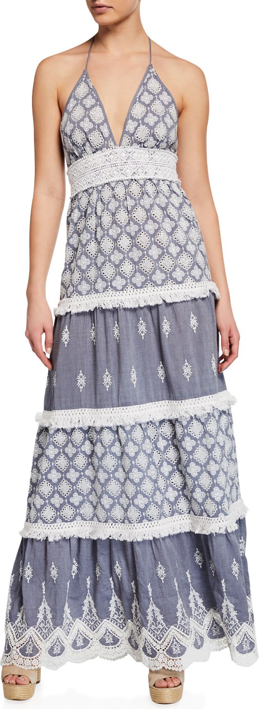 Tessora Lucia Embroidered Chambray Tiered Halter Maxi Dress