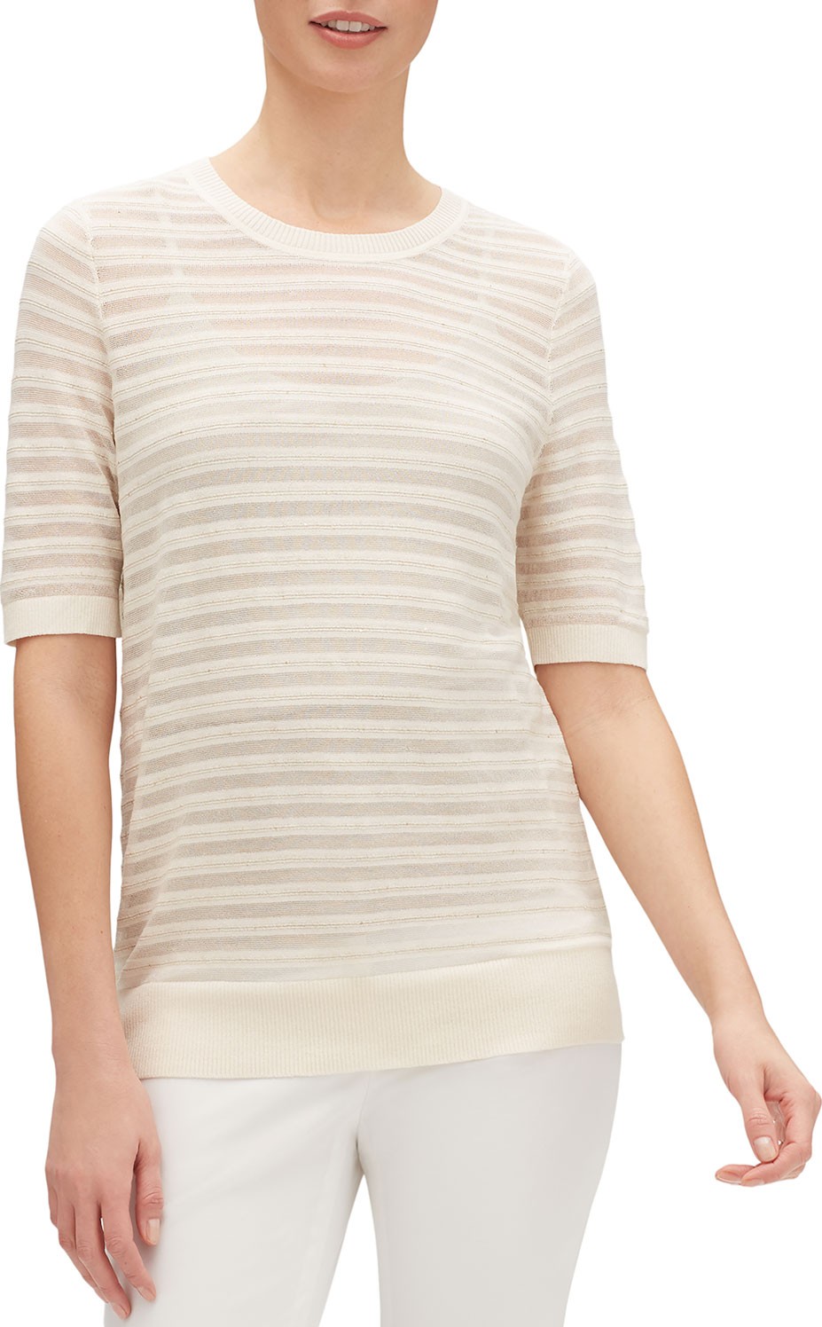 Lafayette 148 New York Striped Crewneck Elbow-Sleeve Semisheer Dolman Sweater