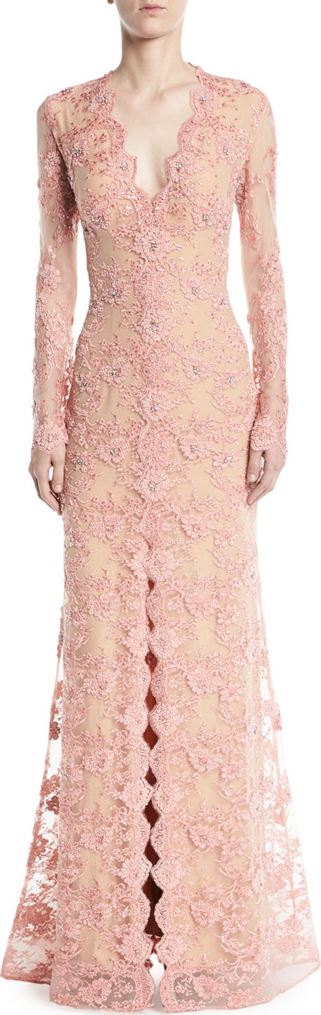 Jovani Long-Sleeve Lace Gown w/ Slit Front