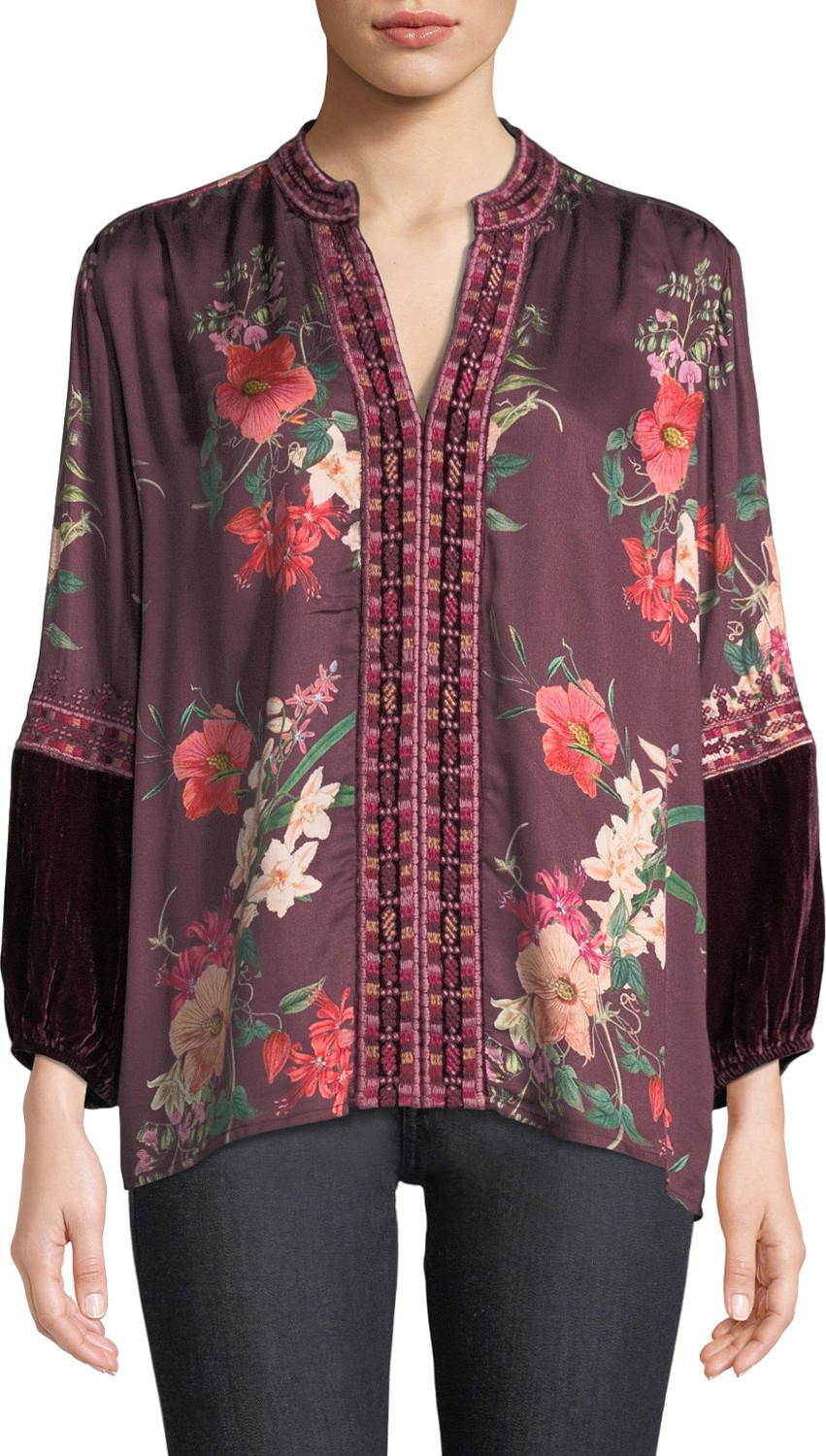 Johnny Was Paris Effortless Floral-Print Blouse w/ Velvet Trim
