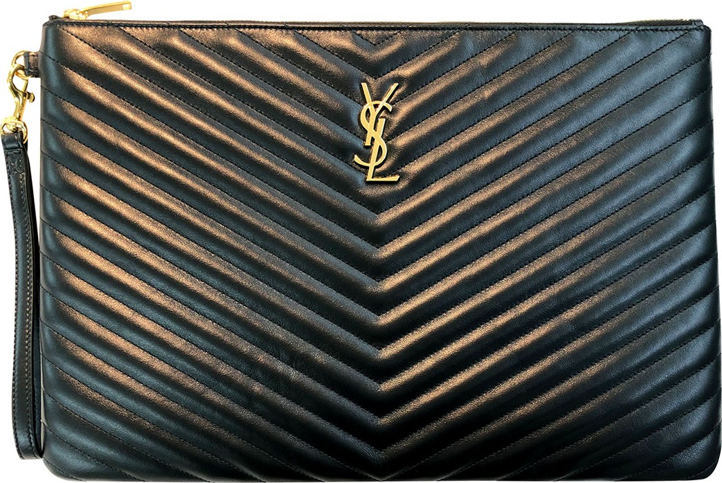 Saint Laurent Monogram Large Chevron Quilted Flat Wristlet Pouch, Black