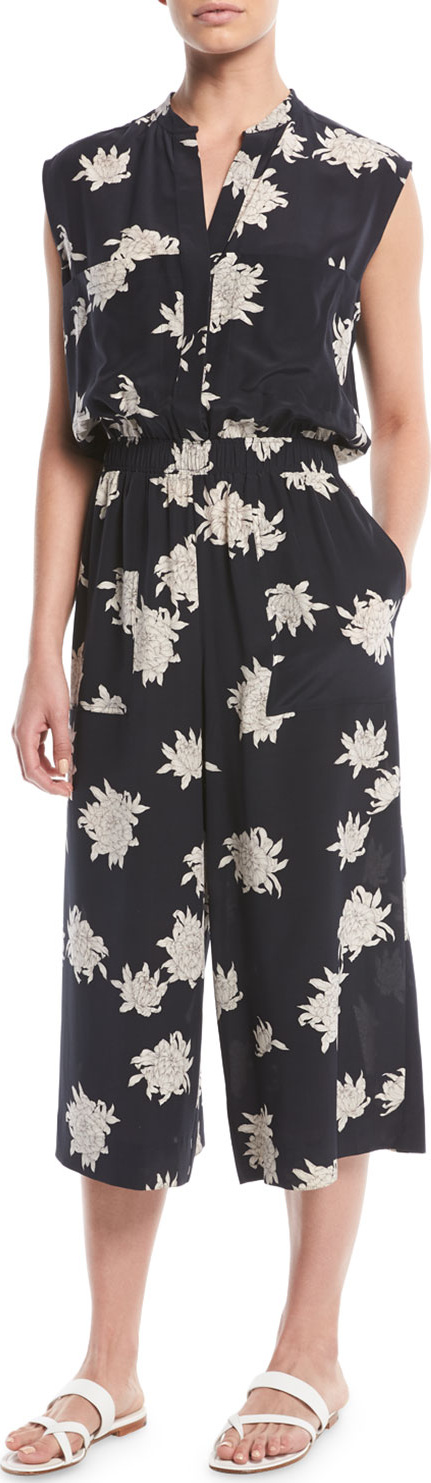 Vince Silk Chrysanthemum Sleeveless Cropped Jumpsuit