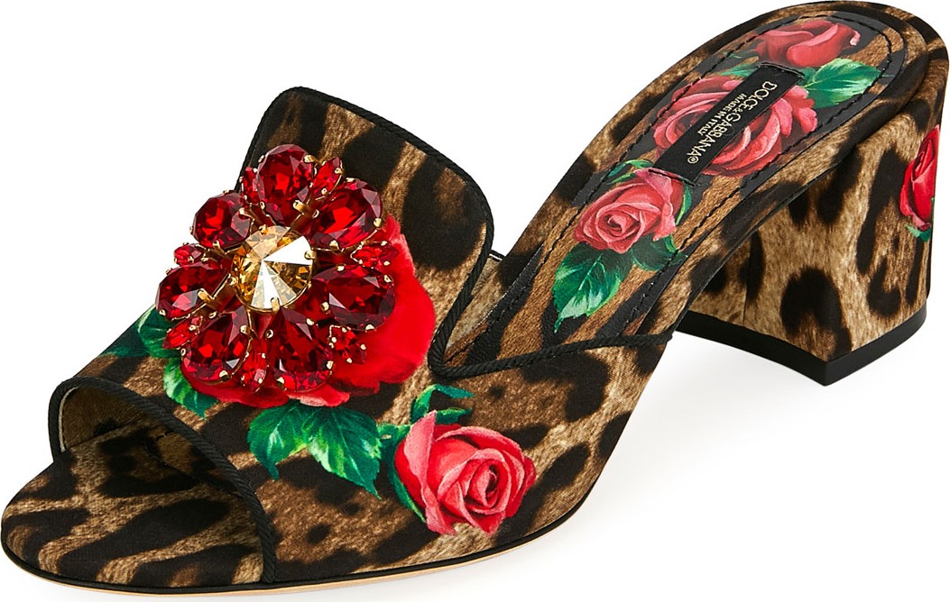 Dolce & Gabbana Floral-Embellished Animal-Print Slides