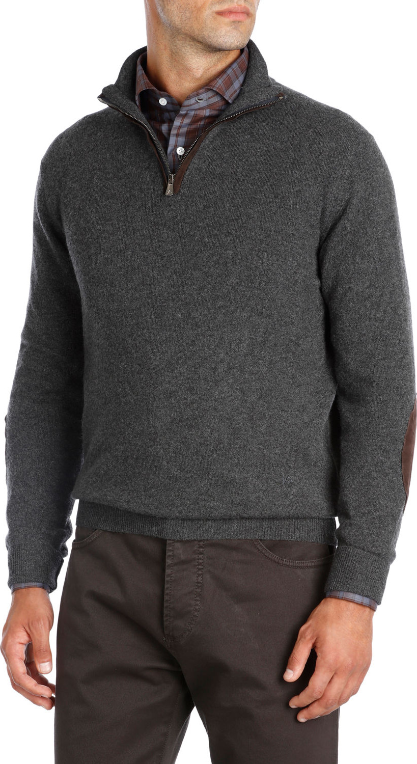 Isaia Half-Zip Cashmere Sweater with Suede Trim
