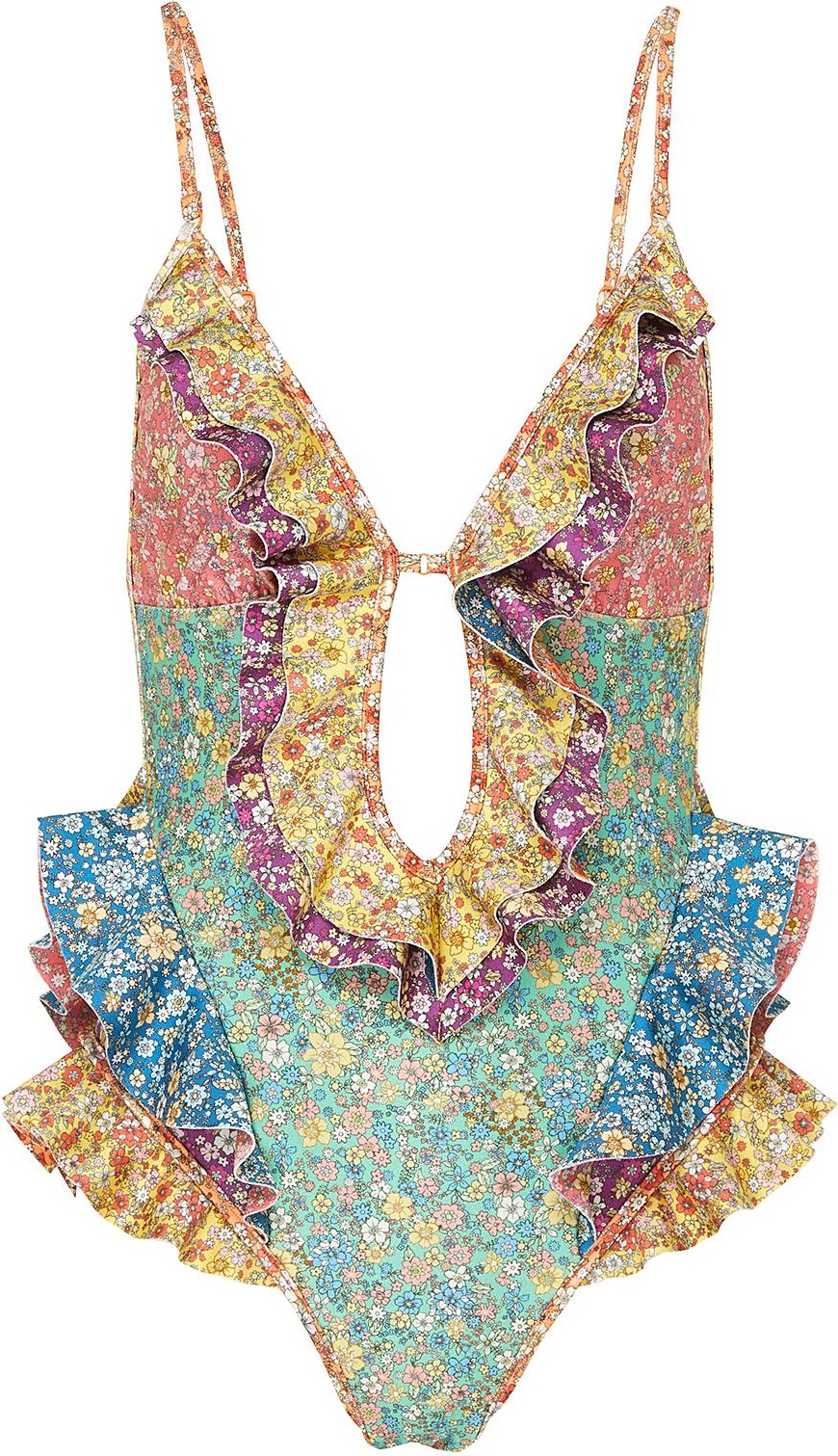 Zimmermann 'Carnaby' colourblock floral print ruffle swimsuit