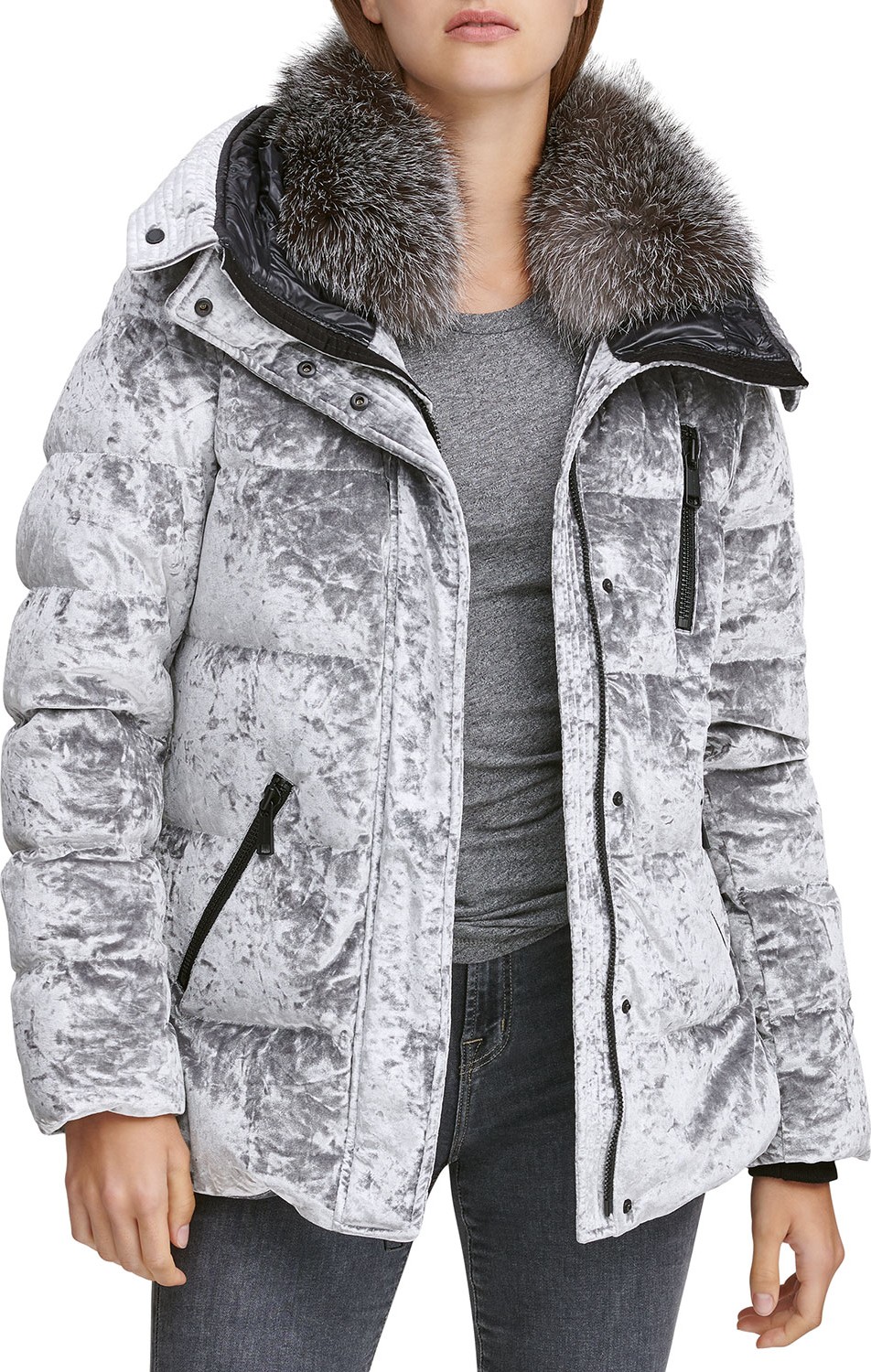 Andrew Marc Vara Crushed Velvet Down Jacket w/ Fur Hood