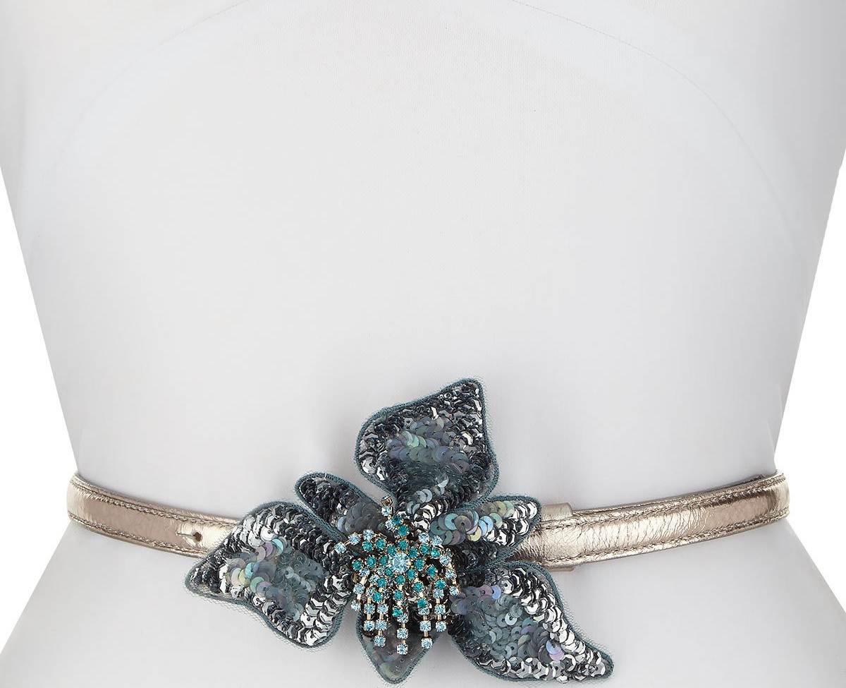 Dries Van Noten Skinny Leather Belt w/ Sequined Flower