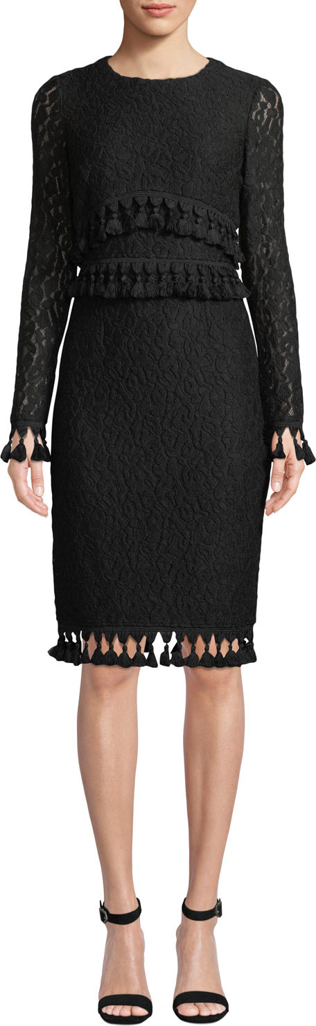 Badgley Mischka Lace Long-Sleeve & Tassel Dress