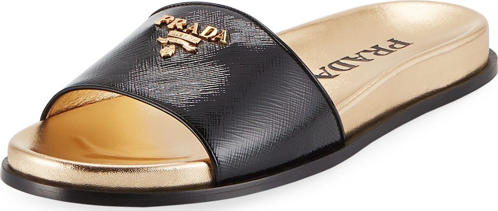 Prada Patent Saffiano Logo Pool Slide Sandal