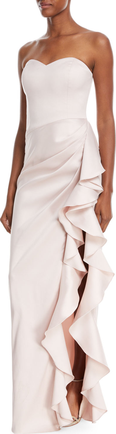 Badgley Mischka Strapless Sweetheart Asymmetric Ruffle Gown