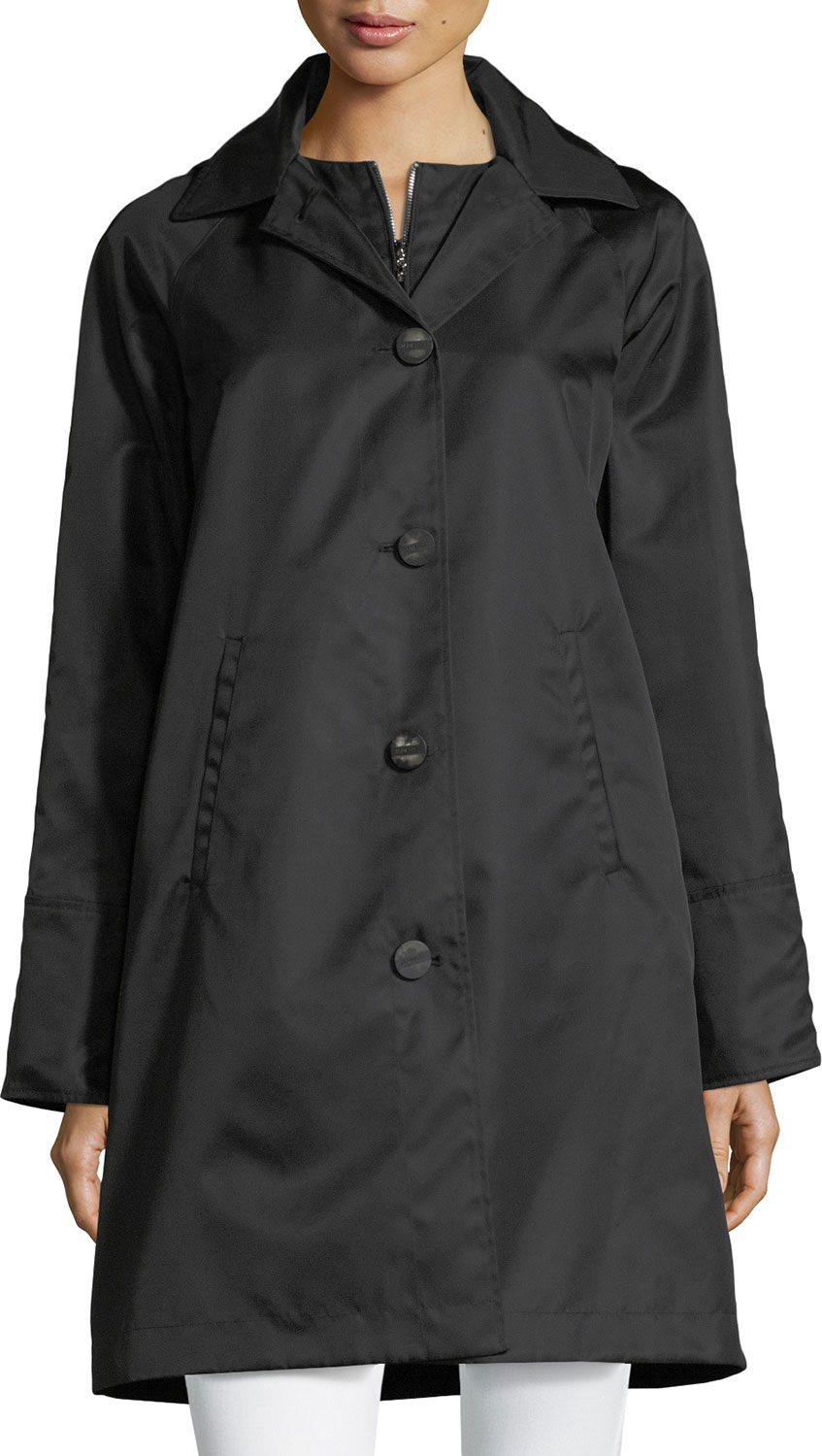 Jane Post Button-Front Long-Sleeve Twill Midi Rain Coat w/ Bib